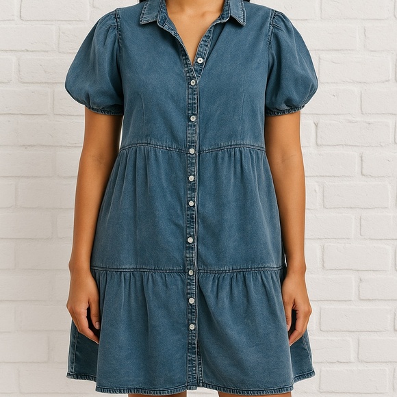 G by Giuliana Denim Button Front Puff Sleeve Tiered Dress - Picture 2 of 10